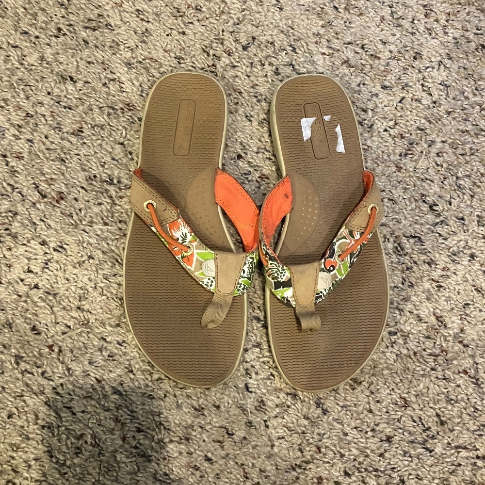 Sperry Brown Flip Flop Sandals with Orange and Green Floral Straps